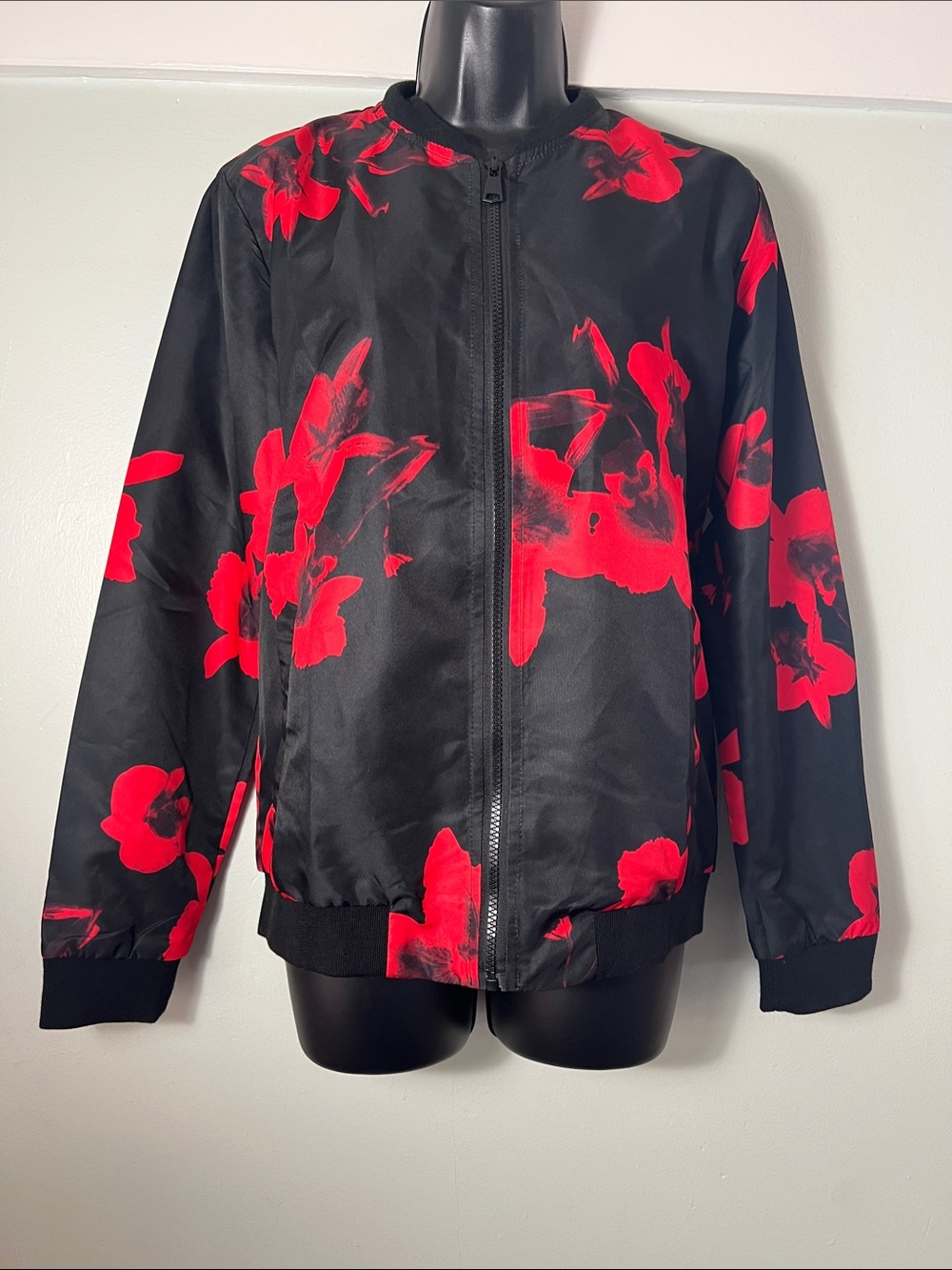 Black Bomber Jacket with Red Floral Print
